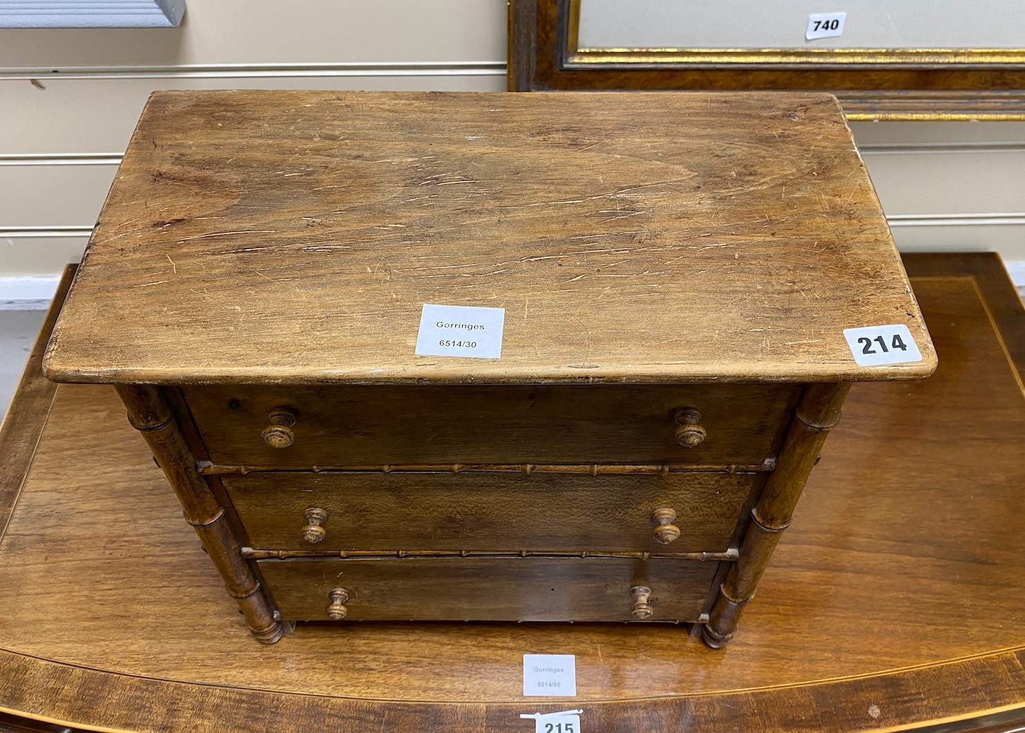 A Victorian miniature faux bamboo chest of three drawers, width 42cm, depth 21cm, height 39cm